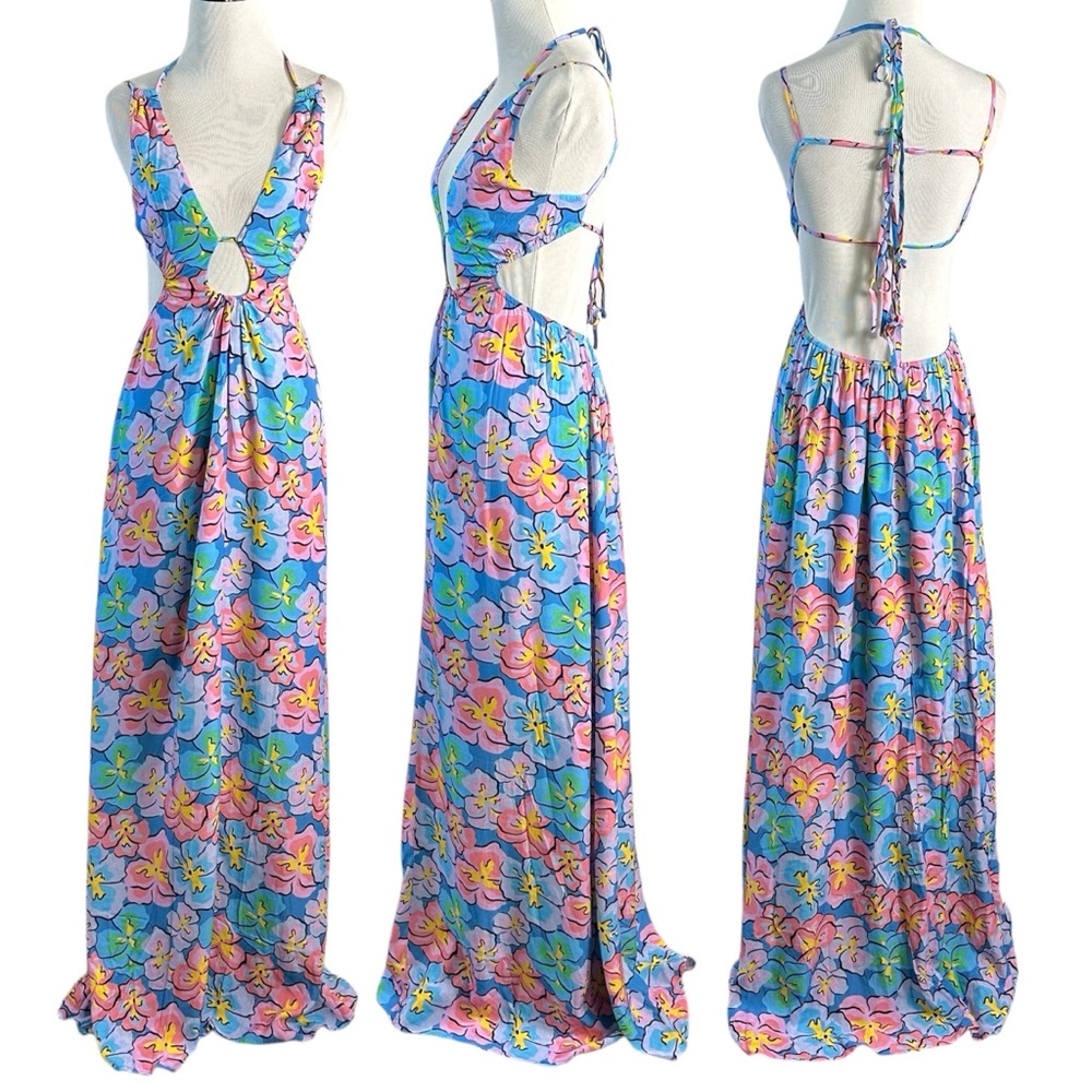 For Love & Lemons Yasmin Open Back Floral Maxi Dress XS Cut Out Plunge Summer - Picture 8 of 17